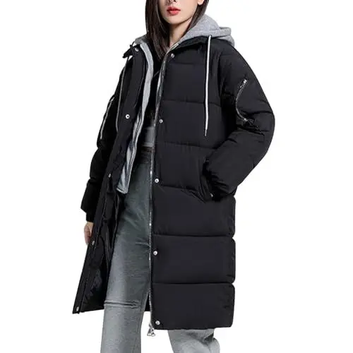 Produktbild: WILMOT Winterjacke Damen Winter Jacken Lang Warm Daunenmantel mit Kapuze Elegant Wintermantel Steppmantel mit Fellkapuze Steppjacke Langer Outdoor Mantel(Black,L)