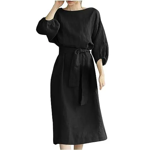 Produktbild: Meine Bestellungen Anzeigen Leinenkleid Damen Lang Rundhals 3/4 Arm Freizeitkleid Lose Lang Midi Kleid Elegant Boho Strandkleid A-Linie Tunika Maxikleid Bequeme Baumwolle Leinen Kleider Schwarz XXL