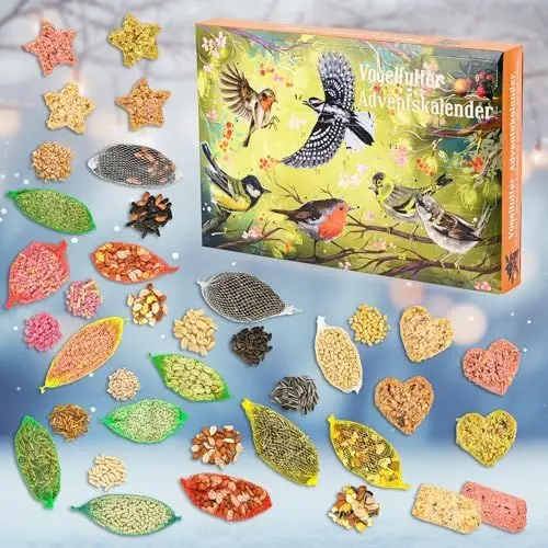 Produktbild: Meine Orangerie - Vogelfutter Adventskalender 2024 – 24 Überraschungen für Wildvögel, Körner- und Nussmischungen für Meisen, Rotkehlchen & mehr