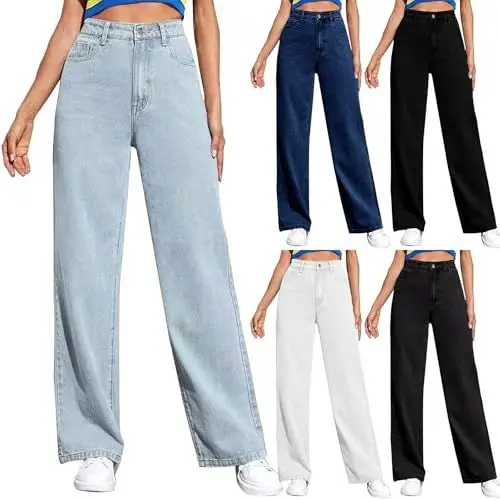 Produktbild: Meine bestellungen anzeigen 2025 Jeans Damen Baggy Geradem Bein Jeans Damen Weites Bein Jeanshose mit Taschen Hohe Taille Boyfriend Y2K Jeans Hosen Denim Hose Jeans schwarz Damen