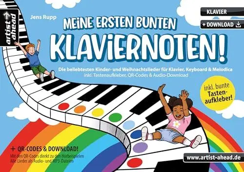 Produktbild: Meine ersten bunten Klaviernoten! Die beliebtesten Kinder- & Weihnachtslieder für Klavier, Keyboard & Melodica (inkl. Tastenaufkleber, QR-Codes & Audio-Download). Bunte Noten für Anfänger.