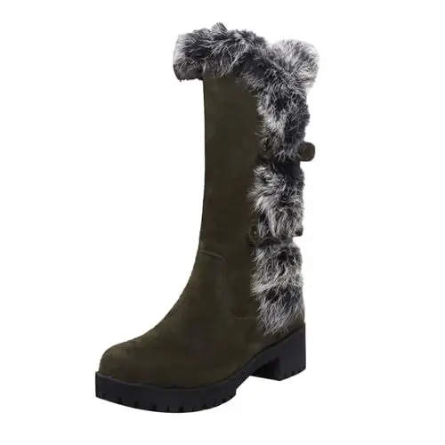 Produktbild: FNKDOR Winterstiefel Damen Gefüttert Boots Schuhe Winterschuhe Plateau Halbschaft Wildlederstiefel Reitstiefel mit Kunstpelz und Schnalle (Green, 40)