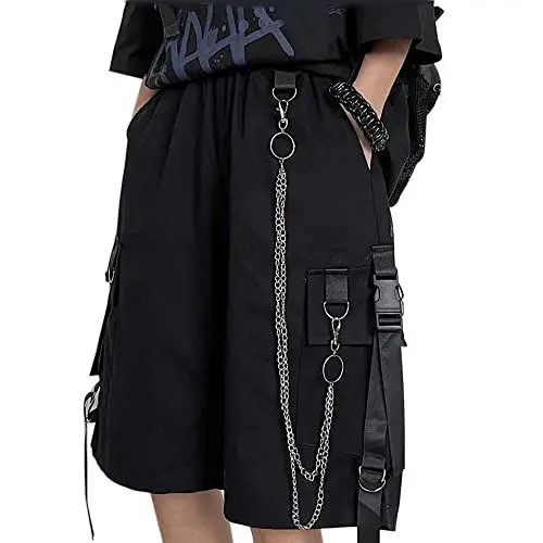Produktbild: MEINVQIAOTI Schwarze Cargohose für Damen, Street Harajuku, lockere, gerade Shorts, Schwarze Hose mit Ketten, schwarz, X-Groß