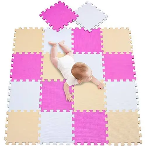 Produktbild: meiqicool Der Puzzlematte für Babys und Kinder 18 Schaumstoffplatten mit Tieren 1cm dickere, weichere Spielmatte Schadstofffrei, Formamid geprüft Weiß Pink Beige 010310