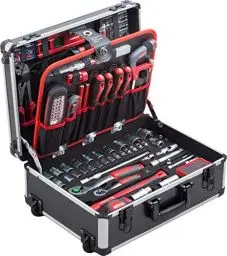 Produktbild: Meister Werkzeugtrolley 156-teilig - Werkzeug-Set-Mit Rollen- Teleskophandgriff/Profi Werkzeugkoffer befüllt/Werkzeugkiste fahrbar /Werkzeugbox komplett mit Werkzeug, Schwarz/Silber, 8971440