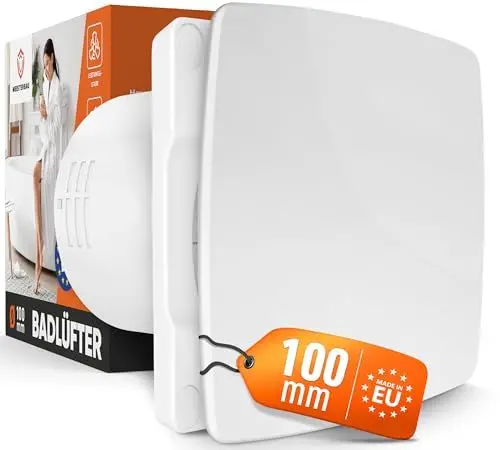 Produktbild: MEISTERBAU Badlüfter mit Feuchtigkeitssensor & Nachlauf (Made in Europe) - Leiser Lüfter 100mm Durchmesser - mit Nachlauf - Effizienter Abluftventilator - Bad & Dusche