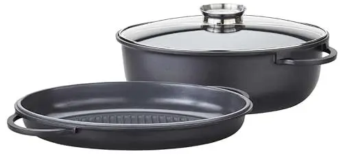 Produktbild: Meisterkoch Bräter, Aromabräter 3-teilig inkl. Grillpfanne, Glasdeckel mit Aromaknopf | Alu-Guss Pfanne mit ILAG Antihaft-Beschichtung | 28 x 40 x 13 cm