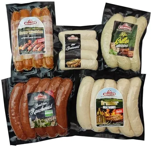 Produktbild: MEISTER'S Grillpaket Bratwurst, Käsewurst, Rauchwurst Debrecziner, Rostbratwurst, Berner Würstchen mit Käse & Bacon Lebensmittel Paket