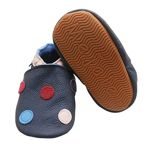 Produktbild: Mejale Baby Lauflernschuhe Jungen Mädchen Weicher Leder Krabbelschuhe Kleinkind Babyhausschuhe Rutschfesten Gummisohlen(Punkt dunkelblau, 6-12 Monate, M)