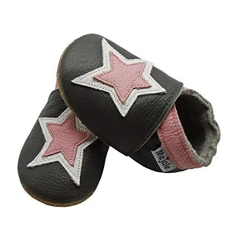 Produktbild: Mejale Lederschuhe Kinder Krabbelschuhe Baby Junge Mädchen Hausschuhe Weicher Leder Babyhausschuhe(24-36 Monate, Dunkelgrau, Rosa Sterne, XXL)