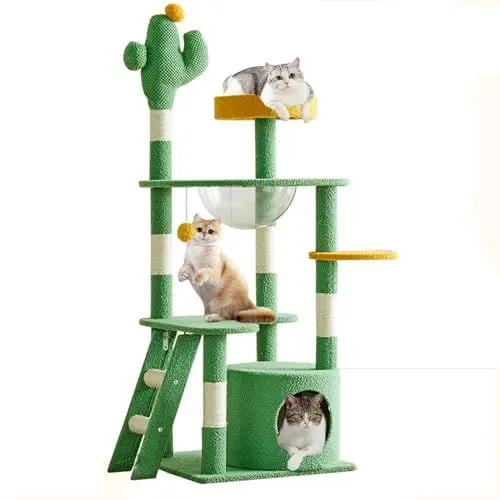Produktbild: Mekidulu Katzenbaum-136cm Kratzbaum Kaktus-Mit 7Weißer Sisal Kratzbaum Und Treppen steigen， 1 Transparenter Raumkapsel, 2 Katzenspielzeug Ball,2 Sprungplattform,1Grünem Höhle-katzenkratzbaum（Grün）