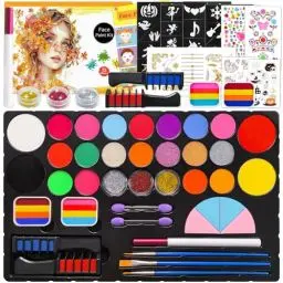 Produktbild: Mekkyes Kinderschminke Set, 22 Farben Waschbar Schminke Kinder Gesichtsfarbe mit 4 große Farben, 2 Rainbow Split und Tattoos, Ideal Kinderschminken für Halloween Karneval Kindergarten Allwetter
