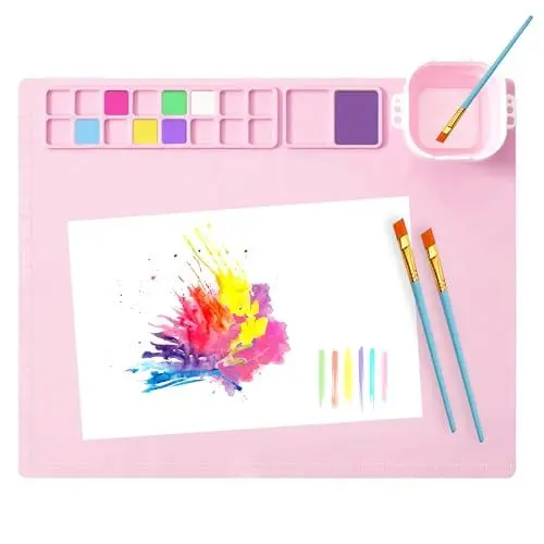 Produktbild: MEKOTRIN Malunterlage, 20x16 inch Silikon Malmatte mit Becherpaletten, Faltbar Bastelmatte Antihafte rutschfeste Tischmatte wassermalmatte für Crafting Aquarell Malerei Ton und DIY Projekte(Rosa)