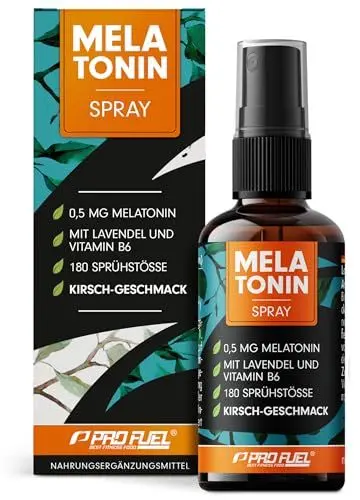 Produktbild: Melatonin Einschlaf-Spray 30 ml - 0,5 mg Melatonin hochdosiert + Lavendel-Extrakt & Vitamin B6 - Melatoninspray mit Kirsch-Geschmack (vegan) - laborgeprüft mit Zertifikat - reicht für 180 Anwendungen