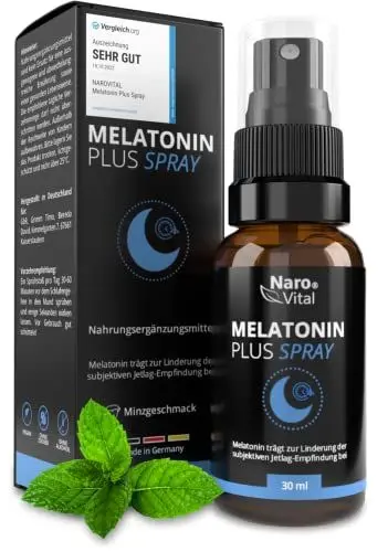 Produktbild: Melatonin Einschlafspray hochdosiert - natürliches Schlafhormon bei Jetlag - Ashwagandha, Passionsblume, Lavendel, Baldrian, Melisse - Alternative zu Tabletten - 30 ml - 0, 5mg Melatonin pro Sprühstoß