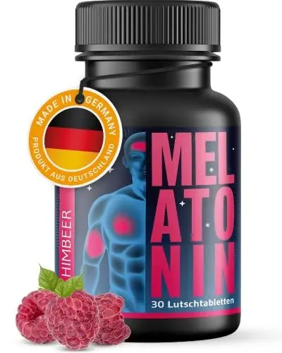Produktbild: Melatonin Lutsch-Tabletten 30x für 2 Monate | 1mg Melatonin pro Tablette | 100% Made in Germany | Mit Magnesium, Aminosäuren & leckerem Himbeer-Geschmack | Zuckerfrei & vegan | Effektives Einschlafen