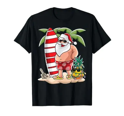 Produktbild: Mele Kalikimaka Santa Claus Hawaii Weihnachten Surfer Beach T-Shirt