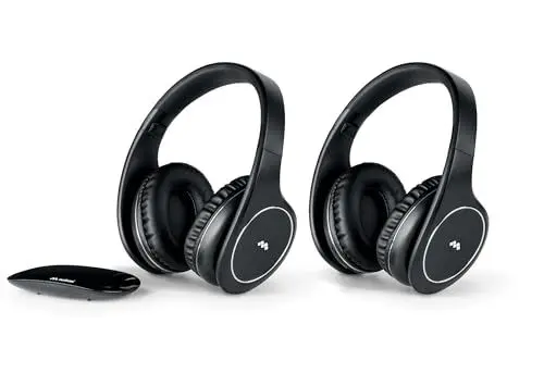 Produktbild: Meliconi Kopfhörer Easy Digital Bundle, 2 drahtlose Stereo-TV-Headsets, 100% digital, mit analogem/digitalem Audioeingang und dimensionalem Transmitterfuß, schwarz