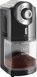 Produktbild: Melitta Molino Kaffeemühle – Elektrische Kaffeemühle mit Scheibenmahlwerk für bis zu 200g Kaffeebohnen, 17 individuellen Mahlstufen, für 2–14 Tassen Kaffee, schwarz