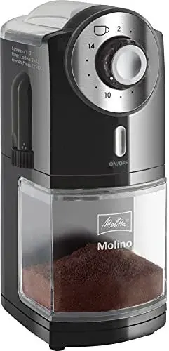 Produktbild: Melitta Molino Kaffeemühle – Elektrische Kaffeemühle mit Scheibenmahlwerk für bis zu 200g Kaffeebohnen, 17 individuellen Mahlstufen, für 2–14 Tassen Kaffee, schwarz