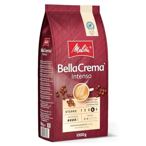Produktbild: Melitta BellaCrema Intenso Ganze Kaffee-Bohnen 1kg, ungemahlen, Kaffeebohnen für Kaffee-Vollautomat, kräftige Röstung, geröstet in Deutschland, Stärke 4