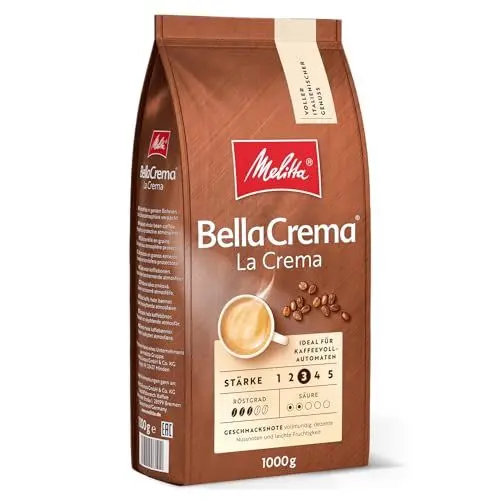 Produktbild: Melitta BellaCrema La Crema Ganze Kaffee-Bohnen 1kg, ungemahlen, Kaffeebohnen für Kaffee-Vollautomat, mittlere Röstung, geröstet in Deutschland, Stärke 3