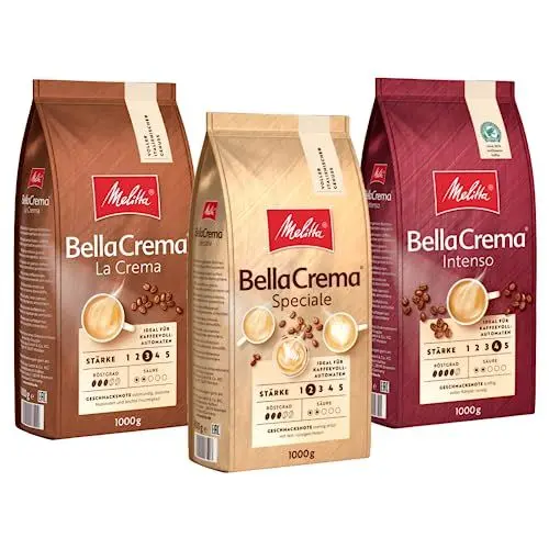 Produktbild: Melitta BellaCrema Probierpaket La Crema Speciale Intenso Ganze Kaffee-Bohnen 3 x 1kg, ungemahlen, Kaffeebohnen für Kaffee-Vollautomat, geröstet in Deutschland
