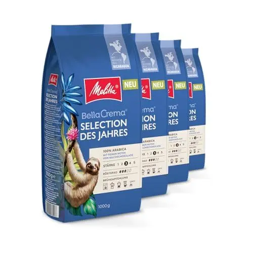 Produktbild: Melitta BellaCrema Selection des Jahres Ganze Kaffee-Bohnen 4 x 1kg, ungemahlen, Kaffeebohnen für Kaffee-Vollautomat, mittlere Röstung, geröstet in Deutschland, Stärke 3, im Tray