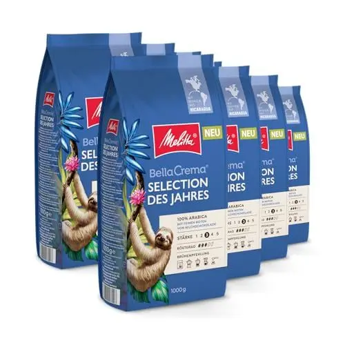 Produktbild: Melitta BellaCrema Selection des Jahres Ganze Kaffee-Bohnen 8 x 1kg, ungemahlen, Kaffeebohnen für Kaffee-Vollautomat, mittlere Röstung, geröstet in Deutschland, Stärke 3, im Tray