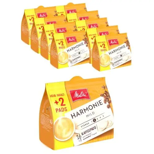 Produktbild: Melitta Harmonie mild gemahlener Röstkaffee in Kaffee-Pads 10 x 16 + 2 Pads, Kaffeepads für Pad-Maschine, milde Röstung, geröstet in Deutschland, Stärke 2, im Tray