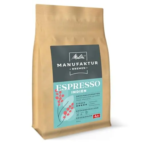 Produktbild: Melitta Manufaktur-Kaffee Espresso Spezialitäten-Kaffee, 500g, ganze Kaffee-Bohnen, ungemahlen, Single-Origin-Farm-Kaffee aus Indien, geröstet in Deutschland, Stärke 5