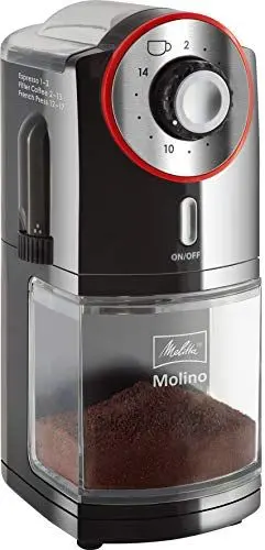 Produktbild: Melitta Molino Kaffeemühle – Elektrische Kaffeemühle für bis zu 200g Kaffeebohnen mit 17 individuellen Mahlstufen, für 2–14 Tassen Kaffee, schwarz/rot