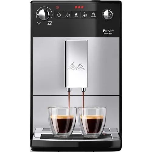 Produktbild: Melitta Purista - Kaffeevollautomat mit Lieblingskaffee-Funktion, Kaffeemaschine mit Mahlwerk und 5-stufig verstellbarem Mahlgrad, für Kaffee und Espresso, silber/schwarz