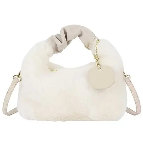Produktbild: Meliyya Damen Fellimitat Schultertasche Plüsch Umhängetasche Flauschige Handtasche mit PU Leder Gurt Plüsch Griff, Weiß