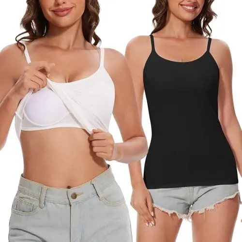 Produktbild: MELLIEX 2 Stück Baumwolle Tank Top mit Regal BH Damen Unterhemd Verstellbarer Eingebauter BH Bügelloser Gepolstert Tank Tops - S