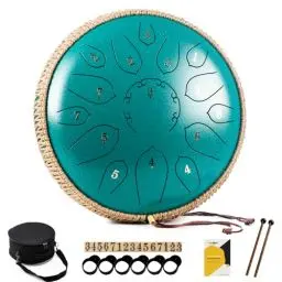 Produktbild: MeloBeat Zungentrommel 12 Zoll 15 Töne - Professionelles Steel Tongue Drum Handpan Set in D Dur inkl. Zungentrommel Liederbuch, Schlagzeug Sticks und Trommel Tragetasche (Grün)