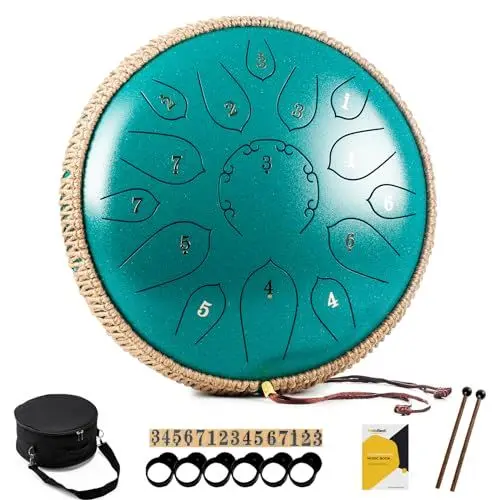 Produktbild: MeloBeat Zungentrommel 12 Zoll 15 Töne - Professionelles Steel Tongue Drum Handpan Set in D Dur inkl. Zungentrommel Liederbuch, Schlagzeug Sticks und Trommel Tragetasche (Grün)