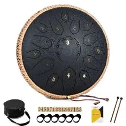 Produktbild: MeloBeat Zungentrommel 12 Zoll 15 Töne - Professionelles Steel Tongue Drum Handpan Set in D Dur inkl. Zungentrommel Liederbuch, Schlagzeug Sticks und Trommel Tragetasche (Schwarz)