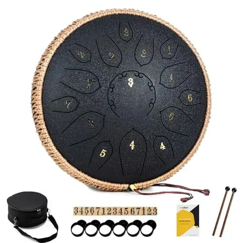 Produktbild: MeloBeat Zungentrommel 12 Zoll 15 Töne - Professionelles Steel Tongue Drum Handpan Set in D Dur inkl. Zungentrommel Liederbuch, Schlagzeug Sticks und Trommel Tragetasche (Schwarz)