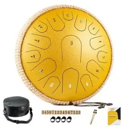 Produktbild: MeloBeat Zungentrommel 13 Zoll 15 Töne - Professionelles Steel Tongue Drum Handpan Set in D Dur inkl. Zungentrommel Liederbuch, Schlagzeug Sticks und Trommel Tragetasche (Gold)