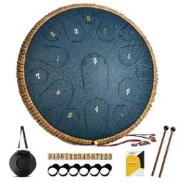 Produktbild: MeloBeat Zungentrommel 14 Zoll 15 Töne - Professionelles Steel Tongue Drum Handpan Set in D Dur inkl. Zungentrommel Liederbuch, Schlagzeug Sticks und Trommel Tragetasche (Dunkelblau)
