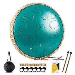 Produktbild: MeloBeat Zungentrommel 14 Zoll 15 Töne - Professionelles Steel Tongue Drum Handpan Set in D Dur inkl. Zungentrommel Liederbuch, Schlagzeug Sticks und Trommel Tragetasche (Grün)