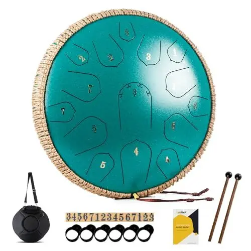Produktbild: MeloBeat Zungentrommel 14 Zoll 15 Töne - Professionelles Steel Tongue Drum Handpan Set in D Dur inkl. Zungentrommel Liederbuch, Schlagzeug Sticks und Trommel Tragetasche (Grün)