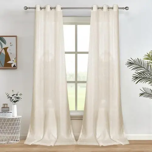 Produktbild: Melodieux Gardinen Beige Transparent Leinen Optik Vorhänge mit Ösen für Wohnzimmer Schlafzimmer, 2er Set 225x140cm
