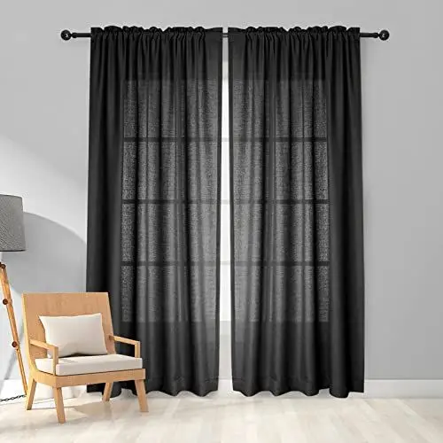 Produktbild: Melodieux Vorhänge Schwarz Transparent Leinen Optik Voile Gardinen für Wohnzimmer Schlafzimmer, 2er Set 225x140cm