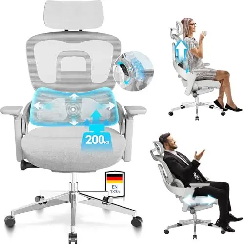 Produktbild: MELOKEA Bürostuhl 200KG, ReliefBack Master Bürostuhl Ergonomisch gegen Rückenschmerzen, Dynamischer Lordosenstütze, Synchrontechnik, Schreibtischstuhl mit Verstellbare Rückenlehne & Sitztiefe - Grau