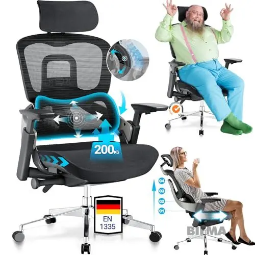 Produktbild: MELOKEA Bürostuhl 200KG gegen Rückenschmerzen, Office Chair mit Dynamische Lordosenstütze, 4D-Armlehnen, Rückenlehne Höhenverstellbar, Verstellbare Sitztiefe, EN 1335 Bürostuhl Ergonomisch Schwarz