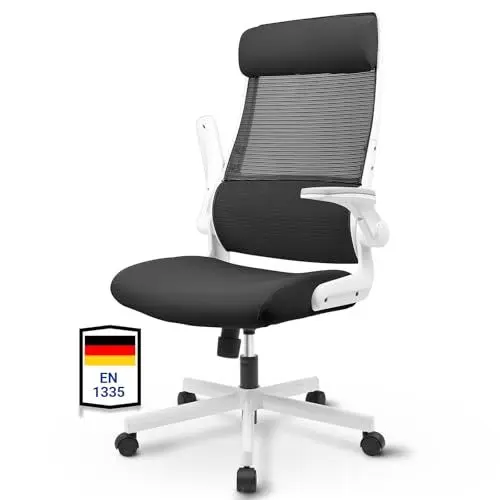 Produktbild: MELOKEA Bürostuhl Ergonomisch, Schreibtischstuhl aus Mesh mit Klappbare Armlehnen, Computerstuhl mit Verstellbare Kopfstütze, Lendenwirbelstütze, Chefsessel Wippfunktion, Entspricht EN 1335 - Schwarz