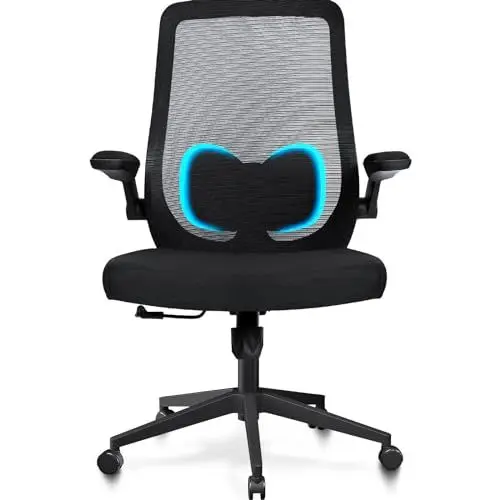 Produktbild: MELOKEA Bürostuhl Ergonomisch, Schreibtischstuhl mit Klappbare Armlehnen, PU-Rollen, Wippfunktion, Ergonomische Lendenwirbelstütze, Hohe Rückenlehne, Höhenverstellbar, Ergonomischer Bürostuhl CozyBack