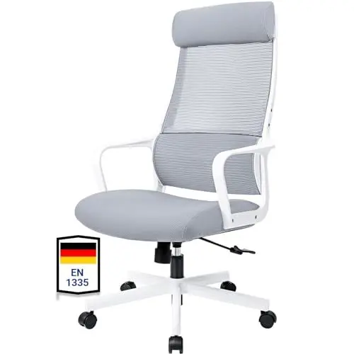 Produktbild: MELOKEA Bürostuhl Ergonomisch, Schreibtischstuhl mit Verstellbarer Kopfstütze, Bürostuhl 200 kg, Gasdruckfeder Klasse 4, Breites Sitzkissen, Lendenwirbelstütze, Mesh Stuhl, EN 1335 Computerstuhl, Grau
